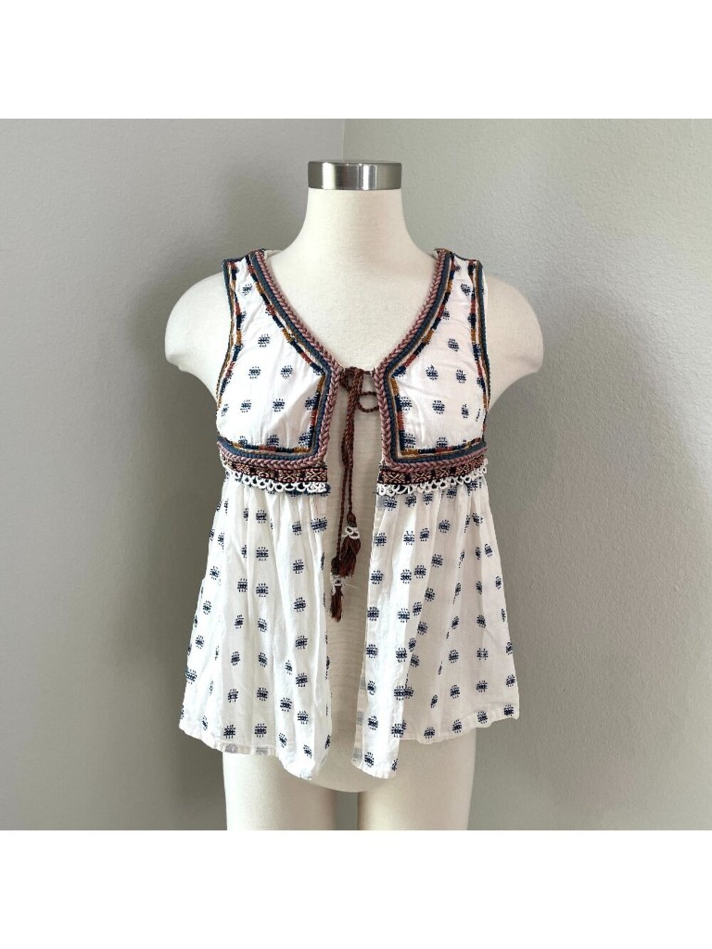 ZARA Womens Small Embroidered Boho Vest Top Tassel Tie Babydoll Festival